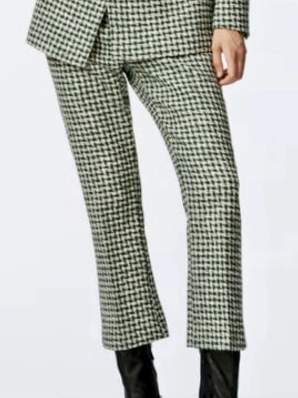 Zara Textured Houndstooth Pants Green White Cropped Wide Leg Women XL